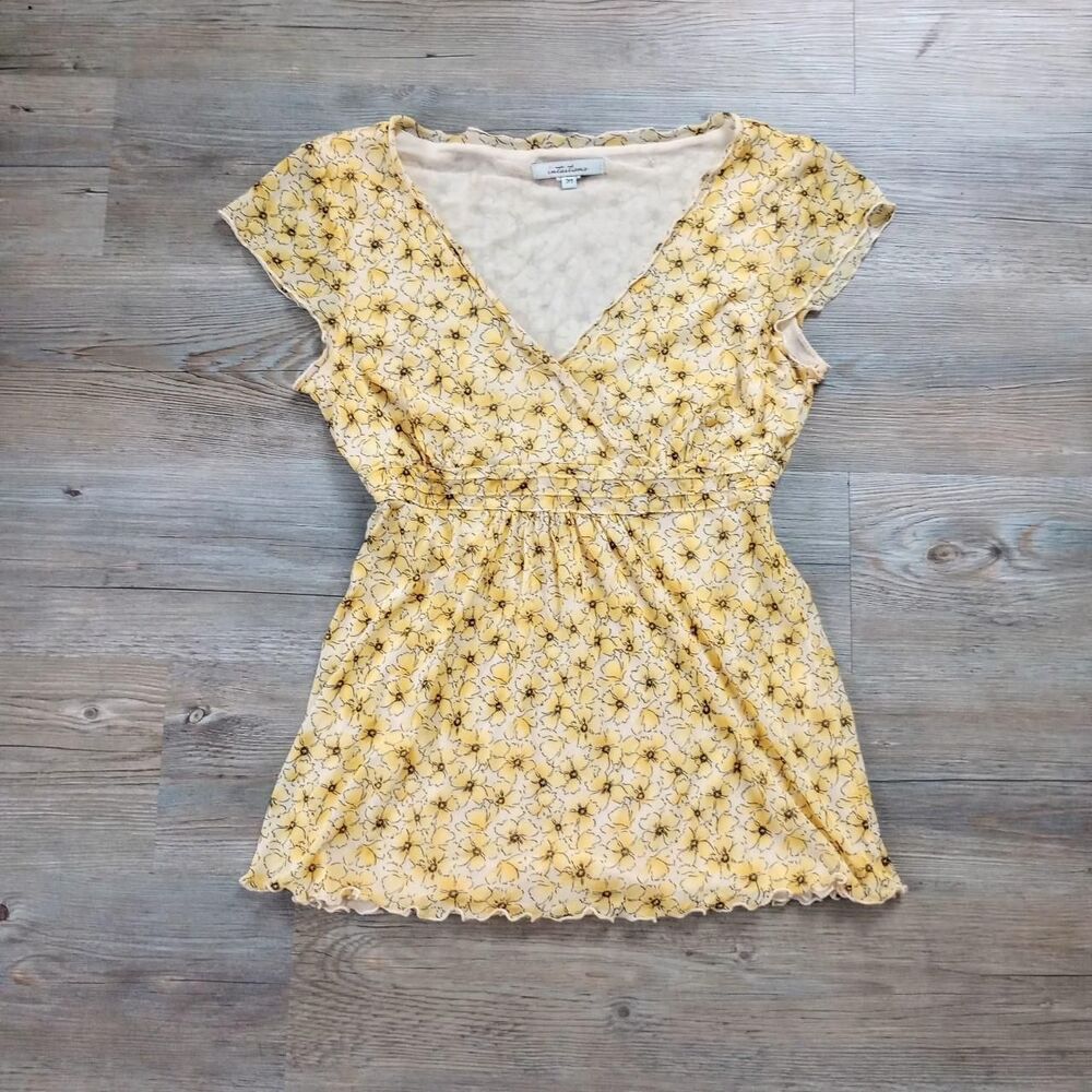 Y2K Sheer Yellow Floral Micromesh Fairy Blouse